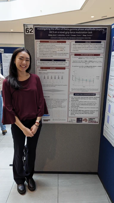 A smiling student standing next to an academic poster titled "Investigating the effect of theta-gama phase amplitude coupling tACS on a novel grip force modulation task".