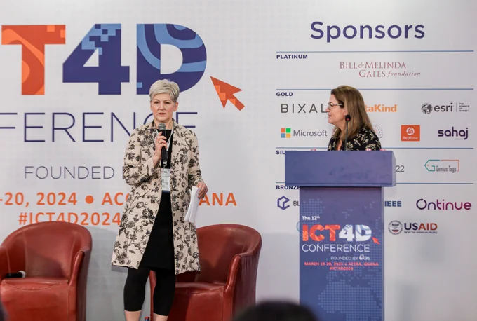 Kay McGowan, Senior Director of Policy at Digital Impact Alliance, and Lauren Woodman, Chief Executive Officer at DataKind presenting the refreshed Principles for Digital Development.

