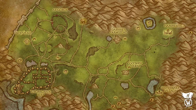 An image of the in-game map of Arathi Highlands, as seen in the Plunderstorm game mode. The map is green and brown in color, with several landmarks labeled within the zone, including Ar’Gorok, Newstead, Stromgarde Keep, Dabyrie’s Farmstead, Hammerfall, Go’Shek Farm, and Witherbark Village. The ancient landmark Thoradin’s Wall blocks off the west side while mountain ranges surround the rest of the zone.