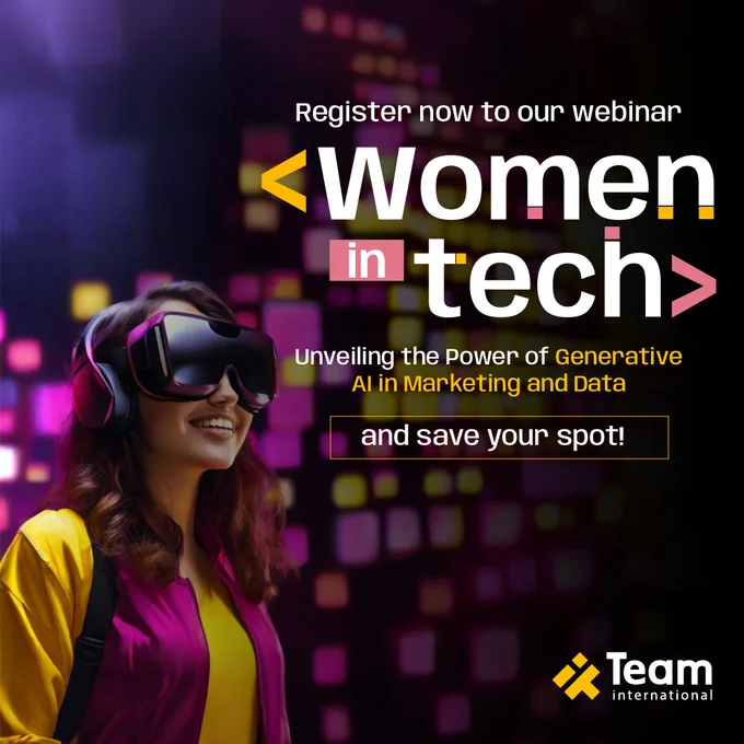 A girl on the left side of the image is wearing augmented reality glasses. She's wearing a yellow shirt and a violet vest. There's a text inviting people to register in the Women in Tech Webinar.