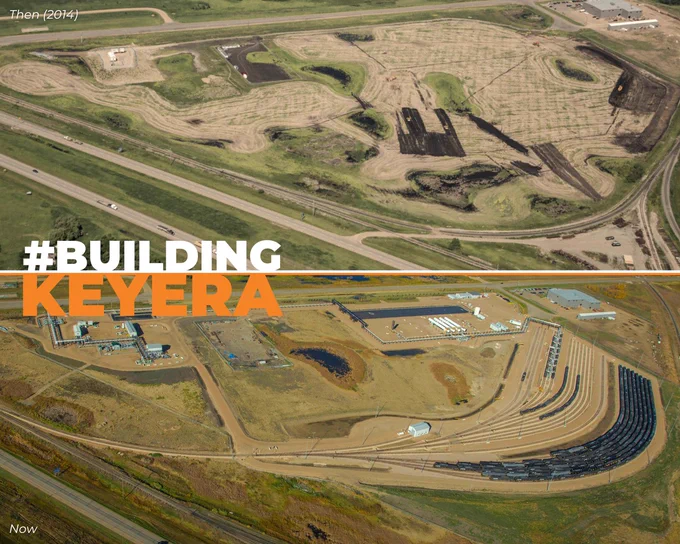 Aerial shot of Keyera's Josephburg Terminal in 2014 versus now.