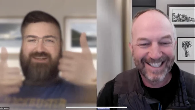 John Moore (left), joining a Microsoft Teams meeting as his persona using a Vision Pro   Teams app within, talks with Mark Kashman (right) to record an episode of the Microsoft podcast, The Intrazone.