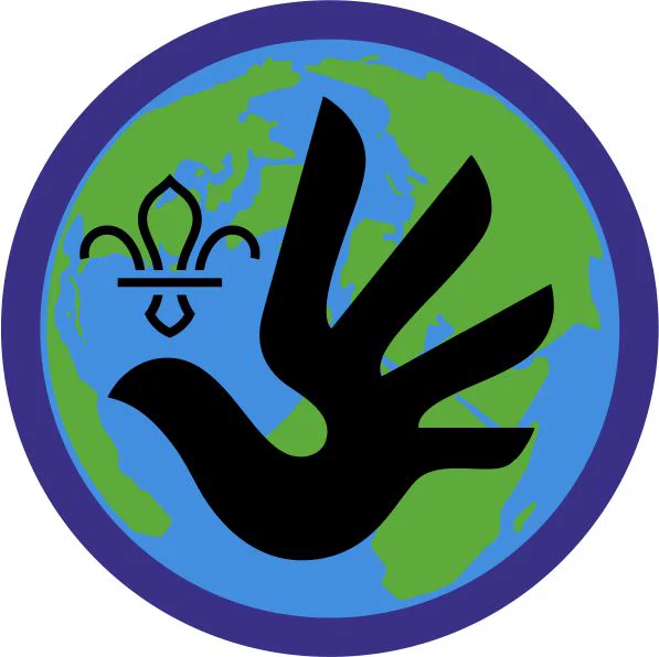 image of the rights challenge badge. a graphic of the earth has a black dove image on top as well as the scouts fleur de lis logo in black. 
