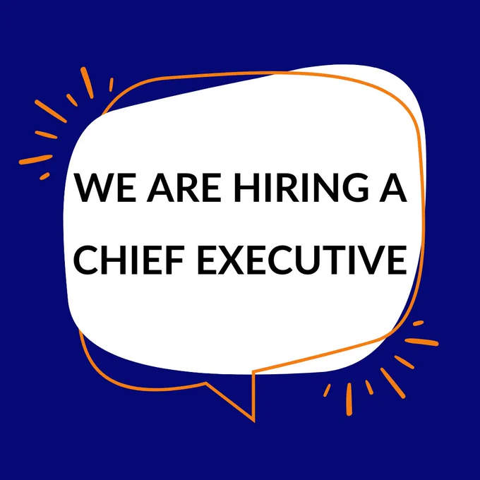 Image of recruitment sign for a chief executive. Navy background with black writing and an orange outline.
