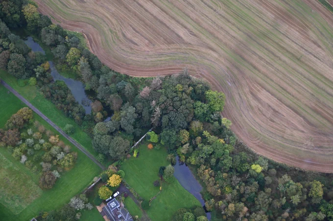 Aerial photo of mixed woodland (with some unhealthy trees) and agricultural land 