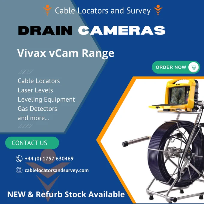 Advertisement displaying the Vivax vCam Range of Drain Cameras, with a durable camera system and reel, plus a monitor showcasing a drain interior. The image stresses the 'ORDER NOW' call to action, along with new and refurbished stock options