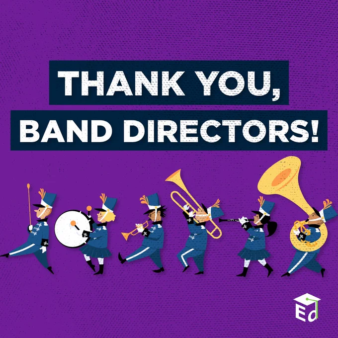 A graphic of six members of a school marching band playing instruments with text: "Thank you, band directors!"