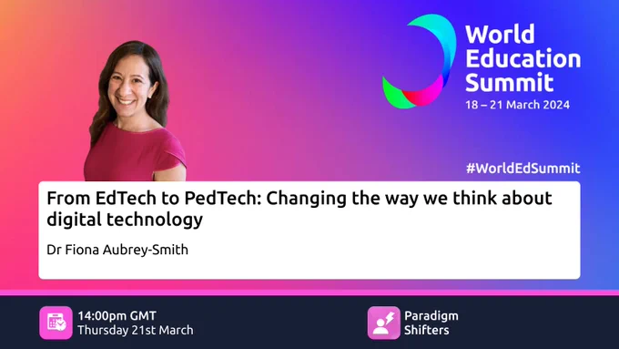Graphic from the World Education Summit showing a photo of Fiona Aubrey-Smith, along with her keynote details. 