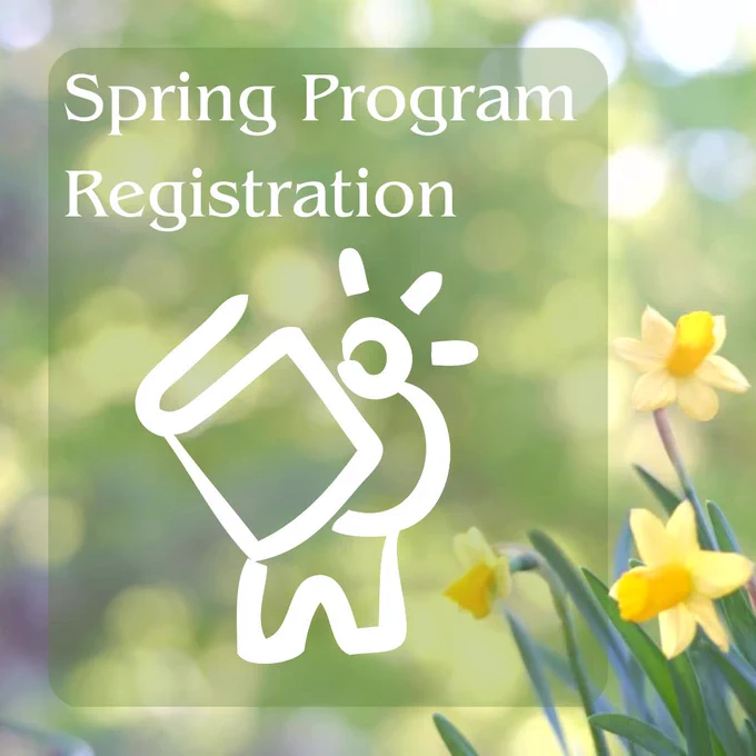 Green background with photo of daffodils in bottom right of image. Text at top reads: "Spring Program Registration" Middle Country Public Library logo "Owen" appears in the center of the image. 