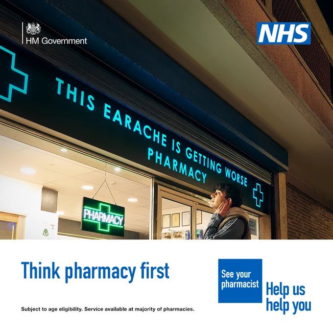 A person is standing outside a pharmacy looking uncomfortable. The sign above the pharmacy reads 'This earache is getting worse pharmacy' 

 A lower third box features in the bottom on the image. Text in the box reads: 'Think pharmacy first'