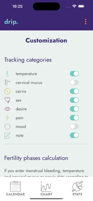 Screen of drip's new feature: Customization which allows to turn on and off tracking categories. The categories are temperature (turned on), cervical mucus (turned off), cervix (turned on), sex (turned on), desire (turned on), pain (turned on), mood (turned off), note (turned on). Below you see the setting for Fertility phases calculation.