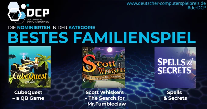 Eine Grafik mit Key Art der drei Nominierten in der Kategorie "Bestes Familienspiel" beim Deutschen Computerspielpreis 2024: Cube Quest - A QB Game, Scott Whiskers in: the Search for Mr. Fumbleclaw und Spells & Secrets.