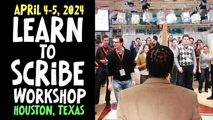 A promo photo for the Learn to Scribe workshop in Houston, Tx on April 4-5 that shows graphic recording pro Christopher Fuller teaching graphic recording and visual modeling technique's at Unicredit for its Uniquest program in Turin, Italy. 