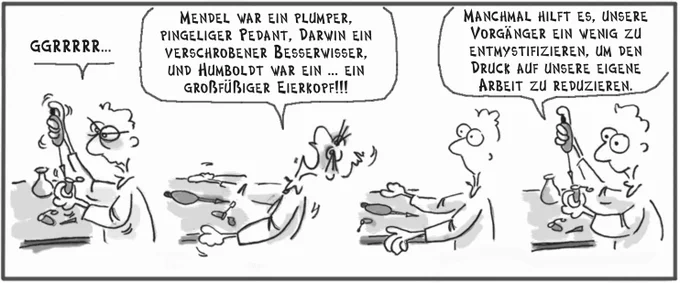 Vier-Bilder-Cartoon "Forscher Ernst", dessen Exerimente nicht klappen wollen – und der sich dadurch abreagiert, dass er berühmte Vorbilder wie Darwin, Mendel und Humboldt verflucht.