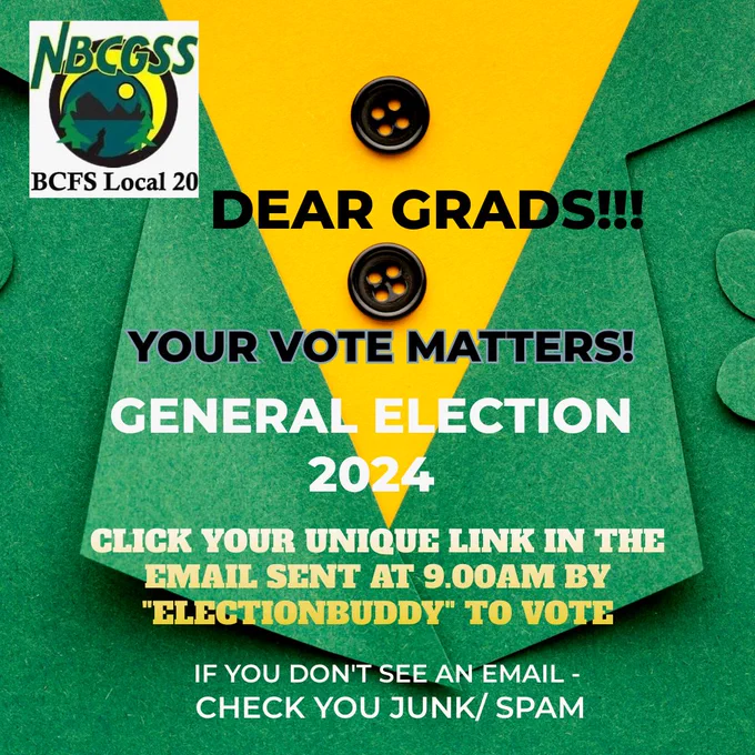 Dear Graduate Students of @UNBC 

Check your UNBC Email for the Unique link sent by ElectionBuddy - Our elections Partner - Vote Now! Every Grads voice matters as we build our team to stand for our Grads!

Without you, we are None!