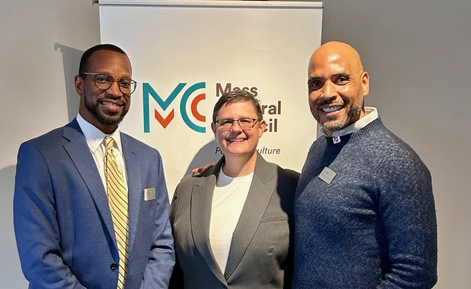 photo of Marc Carroll, Mass Cultural Council Chair; Kelly Barsdate, National Assembly of State Arts Agencies Chief Program and Planning Officer; and Michael Bobbitt, Mass Cultural Council Executive Director.