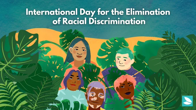 The top half of this image features a dark teal background and in white text: “International Day for the Elimination of Racial Discrimination”. The bottom half of the image features a bright orange background with green monstera leaves overlaid. In the centre of the image is 5 racially and gender-diverse individuals smiling softly. Possibility Seeds logo in the bottom right corner.