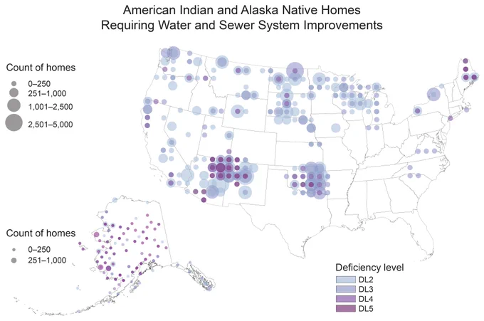 FIGURE 4.16. The Indian Health Service (IHS) maintains a database of American Indian and Alaska Native (AI/AN) homes requiring sanitation facility improvements within IHS service areas. The figure shows sanitation deficiency levels in AI/AN homes across the country ranging from level 2 (capital improvements are necessary to meet domestic sanitation needs) to level 5 (lacks a safe water supply and a sewage disposal system). The IHS does not collect data for Hawai‘i, the US-Affiliated Pacific Islands, or the US Caribbean, but elevated rates of plumbing deficiencies are documented in those regions.142 Figure credit: Indian Health Service.