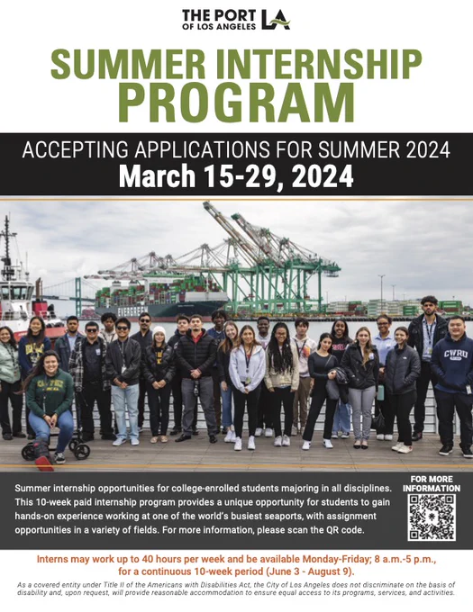 2024 Port of Los Angeles Summer Internship Program | Accepting applications for Summer 2024 March 15-29, 204