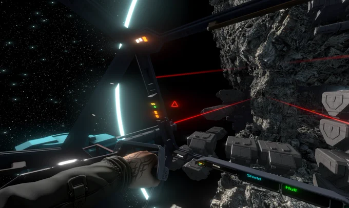 Inside a space fighter cockpit, the driver has tattooed hand, miner machines built on asteroids, a black planet in the background