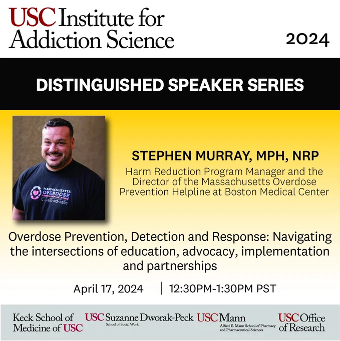 Graphic: Distinguished speaker series with Stephen Murray, MPH, NRP. on "Overdose Prevention, Detection and Response: Navigating the intersections of education, advocacy, implementation and partnerships"