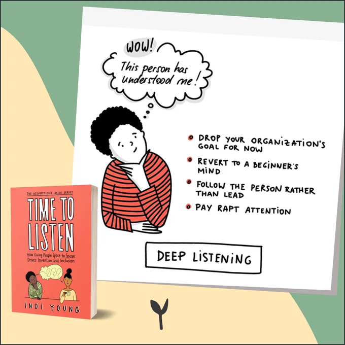 Deep listening: drop your organization's goal for now; revert to a beginner's mind; follow the person rather than lead; pay rapt attention.

Cover of the book Time To Listen: How giving people space to speak drives invention and inclusion, by Indi Young.