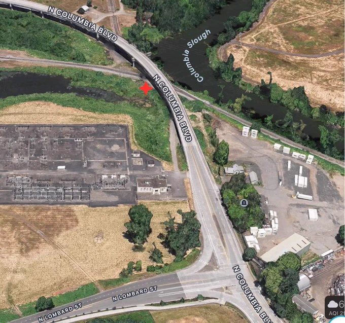 Google map image of location of the release - underneath Columbia Boulevard. Image shows the overpass next to the slough.