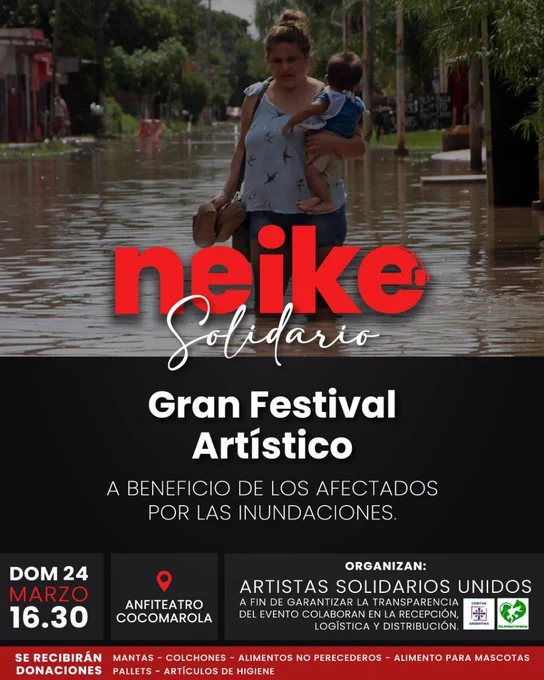 Festival solidario a beneficio de los afectados por las inundaciones. La entrada es tu donación. Anfiteatro Cocomarola. Domingo 24/03, 16:30 hs. #Corrientes