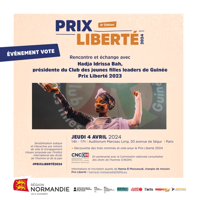 Prix Liberté - Evénément vote
Rencontre et échange avec Hadja Idrissa Bah, présidente du Club des Jeunes filles leaders de Guinée. Prix Liberté 2023
Photo de Hadja Idrissa Bah