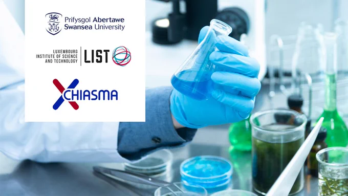 A photo of a person wearing blue gloves holding a beaker. The following logos sit in the top left corner: Swansea University; LIST; CHIASMA.