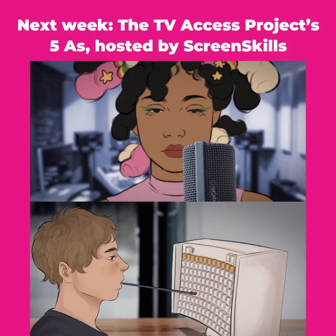 Stills from animations created for TV Access Project 5As. A blind woman speaks into a microphone and a man uses a mouth stick to type.