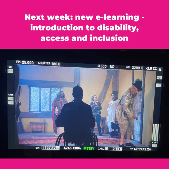 A silhouette of a wheelchair user on a camera monitor on a film/TV set