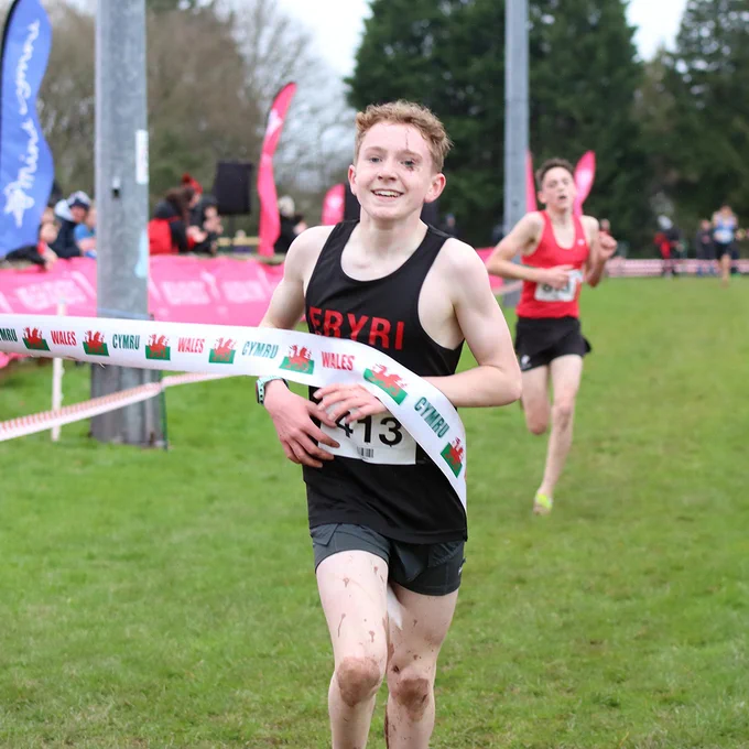 Osian Perrin winning the Welsh Schools Cross Country 2024 Junior Boys Race