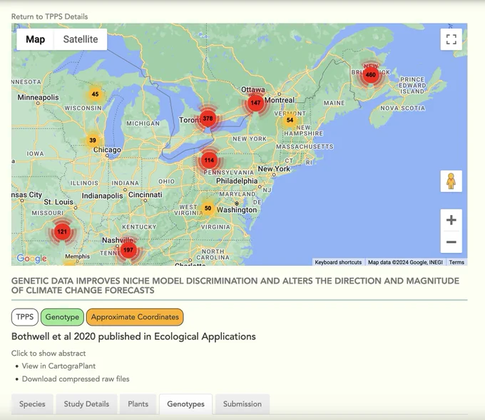 A screenshot of the TreeGenes details page for the study. In the top center is a map showing the location of the 1635 trees studied, and the bottom has further information.