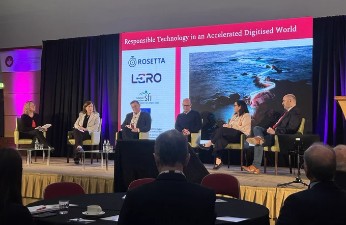 Pictured are Sharon Walsh, Mary Ann Fleming, Dave Silke, Ian Brannigan, Dr Anastasia Griva, and Prof. Kieran Conboy, during a panel discussion at University of Galway’s Regional Business Summit.