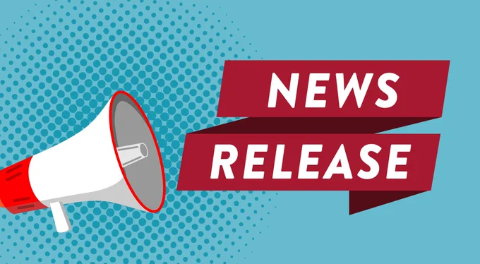 Blue background with a graphic of a bullhorn. Text reads, "News Release."