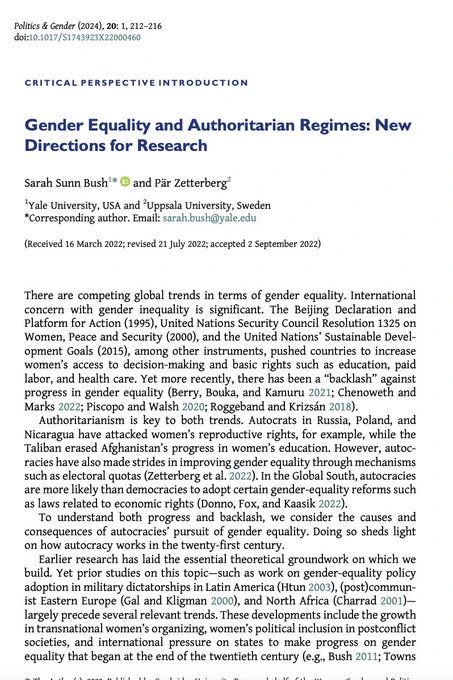 Critical Perspectives article entitled "Gender Equality and Authoritarian Regimes: New Directions for Research" by Sarah Sunn Bush, Pär Zetterberg. 