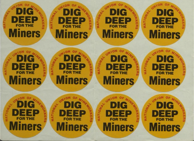 A scan of a sheet of yellow stickers which contain the slogan 'Dig Deep for the Miners' 