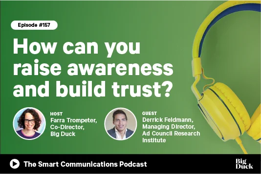 IMAGE ID: Green graphic with image and text: The Smart Communications Podcast Episode EP157 How can you raise awareness and build trust?