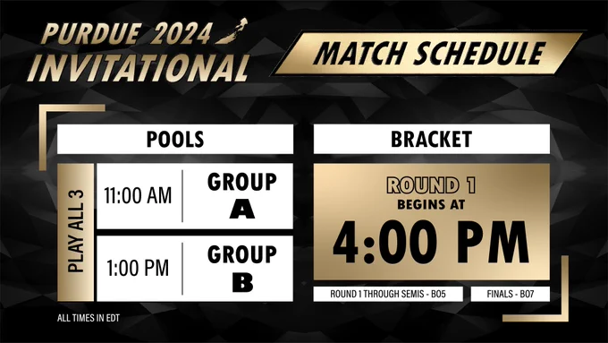 Purdue 2024 Invitational Match Schedule: Pool Group A: 11 AM EDT; Pool Group B: 1 PM EDT; Bracket Round 1 begins at: 4 PM EDT. Pools will be Play All 3. Bracket will be Best of 5, with Finals being Best of 7.