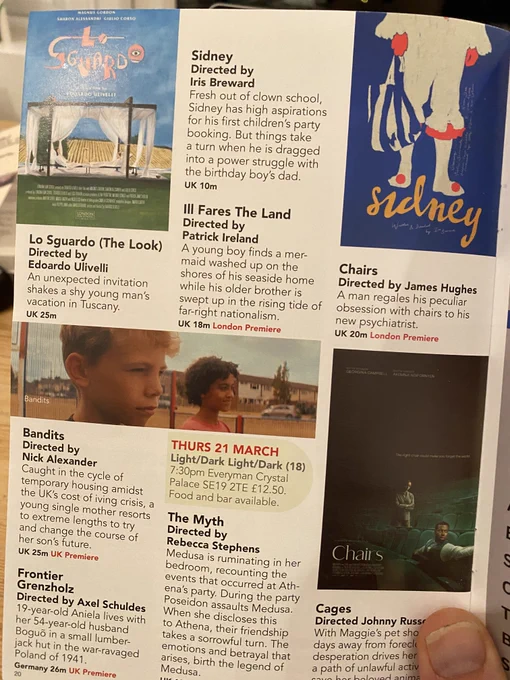 The photo shows a page from the Crystal Palace International Film Festival programme. Film titles include Lo Sguardo (The Look) by Edoardo Ulivelli, Bandits by Nick Alexander, Sidney by Iris Breward, Frontier Grenzholz by Axel Schuldes and Ill Fares the Land by Patrick Ireland. 