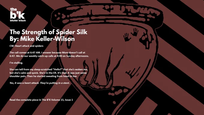 A digital art piece of a sand-filled hourglass standing upright with a woman falling into the sand in the top portion of the hourglass, where a pair of handprints are pressed against the top corner. Overlaid is an excerpt from Mike's piece.
