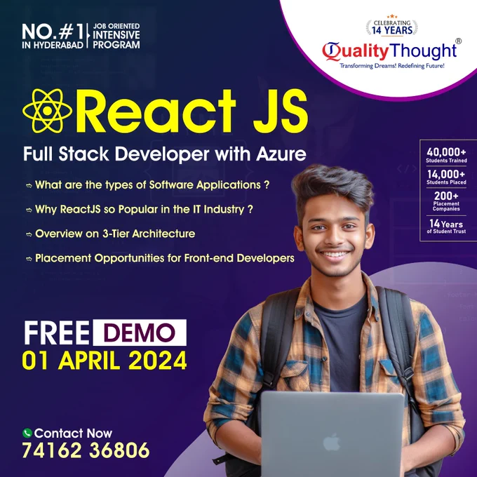 Want to upgrade your career? Join our React JS Full Stack Developer with Azure....!!
Real-Time Training by Experts with Assistance in Placement
Attend a Free Demo on 01st April 2024.

🌐Register for the Course: https://www.qualitythought.in/registernow
📲 Contact: 74162 36806
📩 Telegram Updates: https://t.me/QTTWorld
📧 Email: info@qualitythought.in
Instagram: https://www.instagram.com/qttechnology/
Twitter: https://twitter.com/QTTWorld
Linkedin: https://in.linkedin.com/company/qttworld
ℹ️ More info: https://www.qualitythought.in/

#reactjs #qualitythoughttechnology #Qtt #SoftwareTestingCourse #testing #reacttraining #reactcourse #trendingnow #trendingcourses #jobs #placements #software
