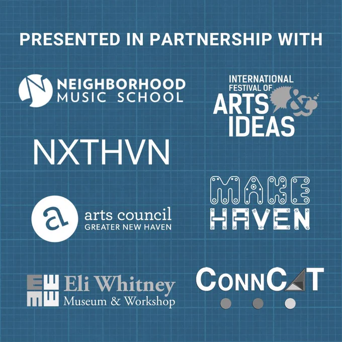 The background is blueprint paper with white and gray versions of all the participating organization’s logos.