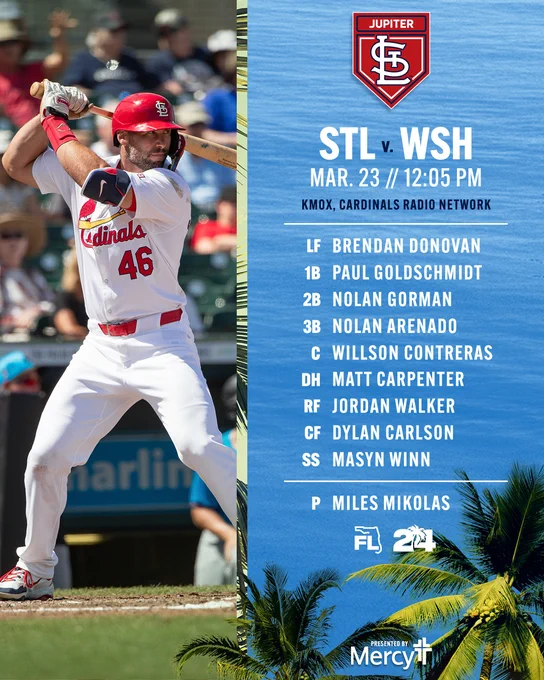 St. Louis Cardinals starting lineup, March 23:

LF Brendan Donovan
1B Paul Goldschmidt 
2B Nolan Gorman
3B Nolan Arenado
C Willson Contreras
DH Matt Carpenter
RF Jordan Walker
CF Dylan Carlson
SS Masyn Winn

SP Miles Mikolas