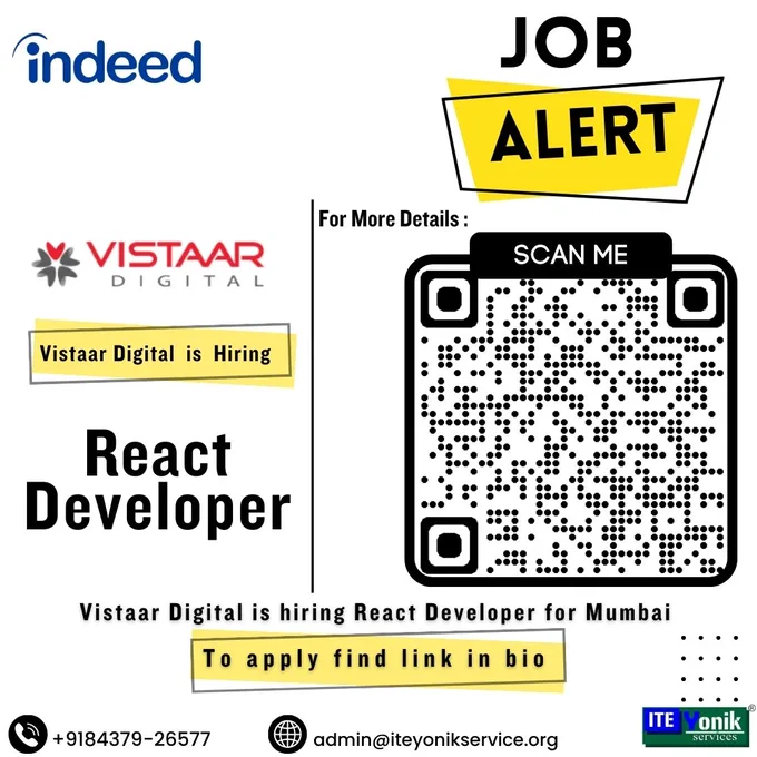 @vistaardigital is hiring #react_developer
Resource credit @indeedworks
Job Alerts by @iteyoniks_training_internships

https://shorturl.at/gtNOW

#Iteyoniks #jobalert
#Naukri #Indeed #careeropportunity
#jobsearch #employment #hiring #jobhunt JobAlert
#Hiring #CareerOpportunity #NowHiring #JobOpening
#JobSearch  #Jobs #JobSeekers #CareerSearch #Recruitment #joblisting #JobFair #jobs #jobsearch #job #hiring #jobseekers #jobvacancy #jobposting #applynow #vacancy #mohali #chandigarh