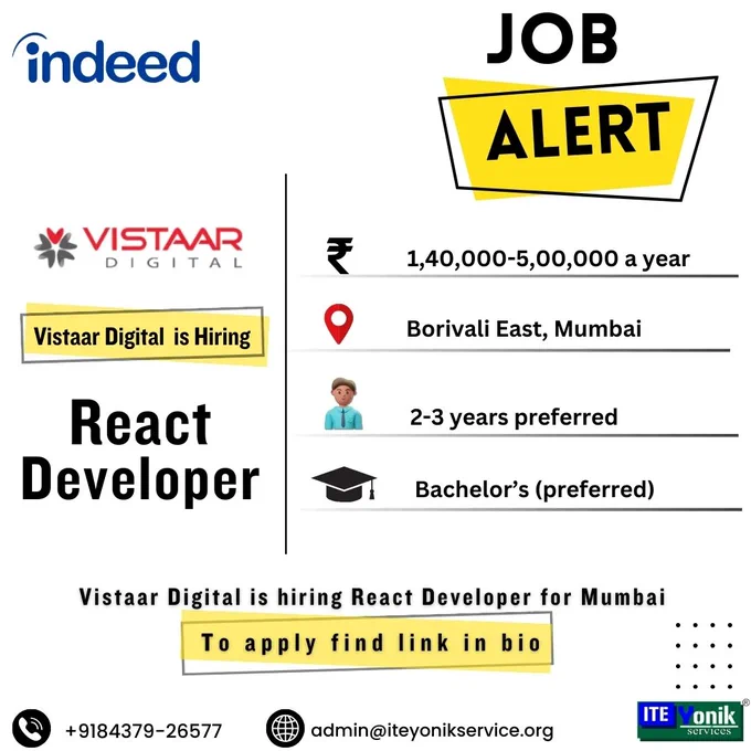 @vistaardigital is hiring #react_developer
Resource credit @indeedworks
Job Alerts by @iteyoniks_training_internships

https://shorturl.at/gtNOW

#Iteyoniks #jobalert
#Naukri #Indeed #careeropportunity
#jobsearch #employment #hiring #jobhunt JobAlert
#Hiring #CareerOpportunity #NowHiring #JobOpening
#JobSearch  #Jobs #JobSeekers #CareerSearch #Recruitment #joblisting #JobFair #jobs #jobsearch #job #hiring #jobseekers #jobvacancy #jobposting #applynow #vacancy #mohali #chandigarh