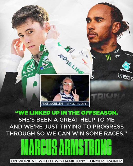 Angela Cullen, Lewis Hamilton's former trainer, has been working with Marcus Armstrong for his first full-time season.

Quote from Armstrong with NBC’s Kevin Lee: “We linked up in the offseason. She’s been a great help to me and we’re just trying to progress through so we can win some races.”