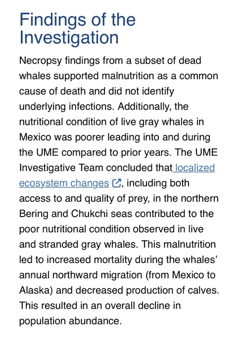 Findings of the Investigation
Necropsy findings from a subset of dead whales supported malnutrition as a common cause of death and did not identify underlying infections. Additionally, the nutritional condition of live gray whales in Mexico was poorer leading into and during the UME compared to prior years. The UME Investigative Team concluded that localized ecosystem changes, including both access to and quality of prey, in the northern Bering and Chukchi seas contributed to the poor nutritional condition observed in live and stranded gray whales. This malnutrition led to increased mortality during the whales’ annual northward migration (from Mexico to Alaska) and decreased production of calves. This resulted in an overall decline in population abundance.