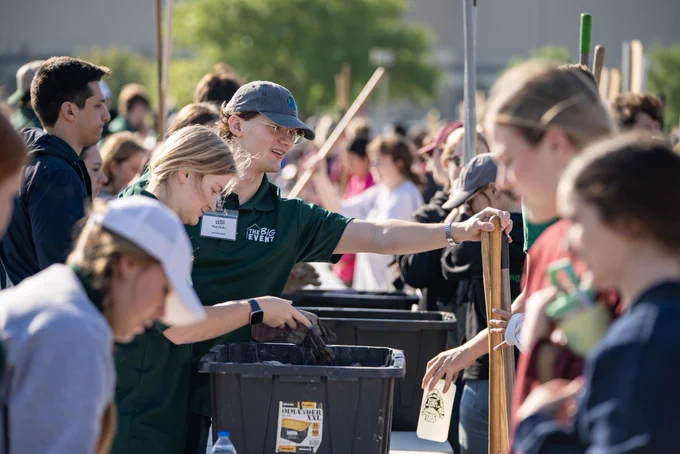Students collecting tools at the big event tool collection points